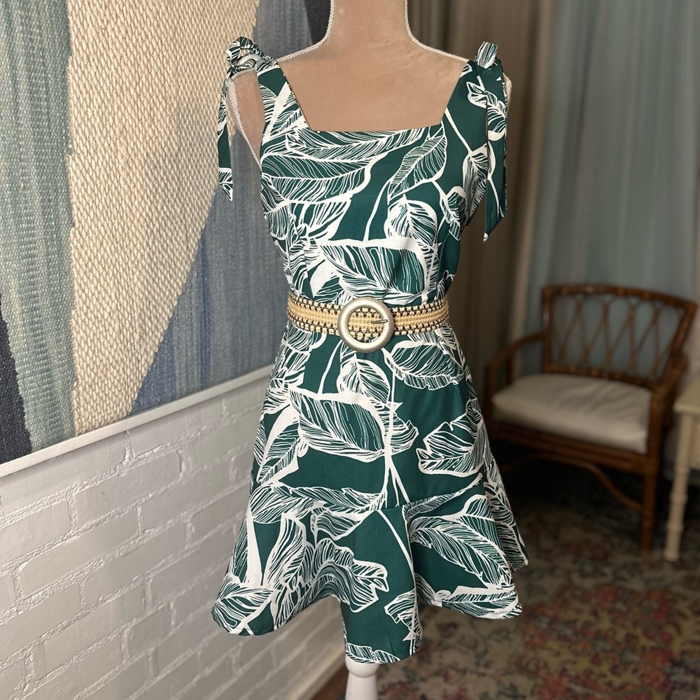 Teal Leaf-Print Tie-Strap Mini Dress - Picture 3 of 12